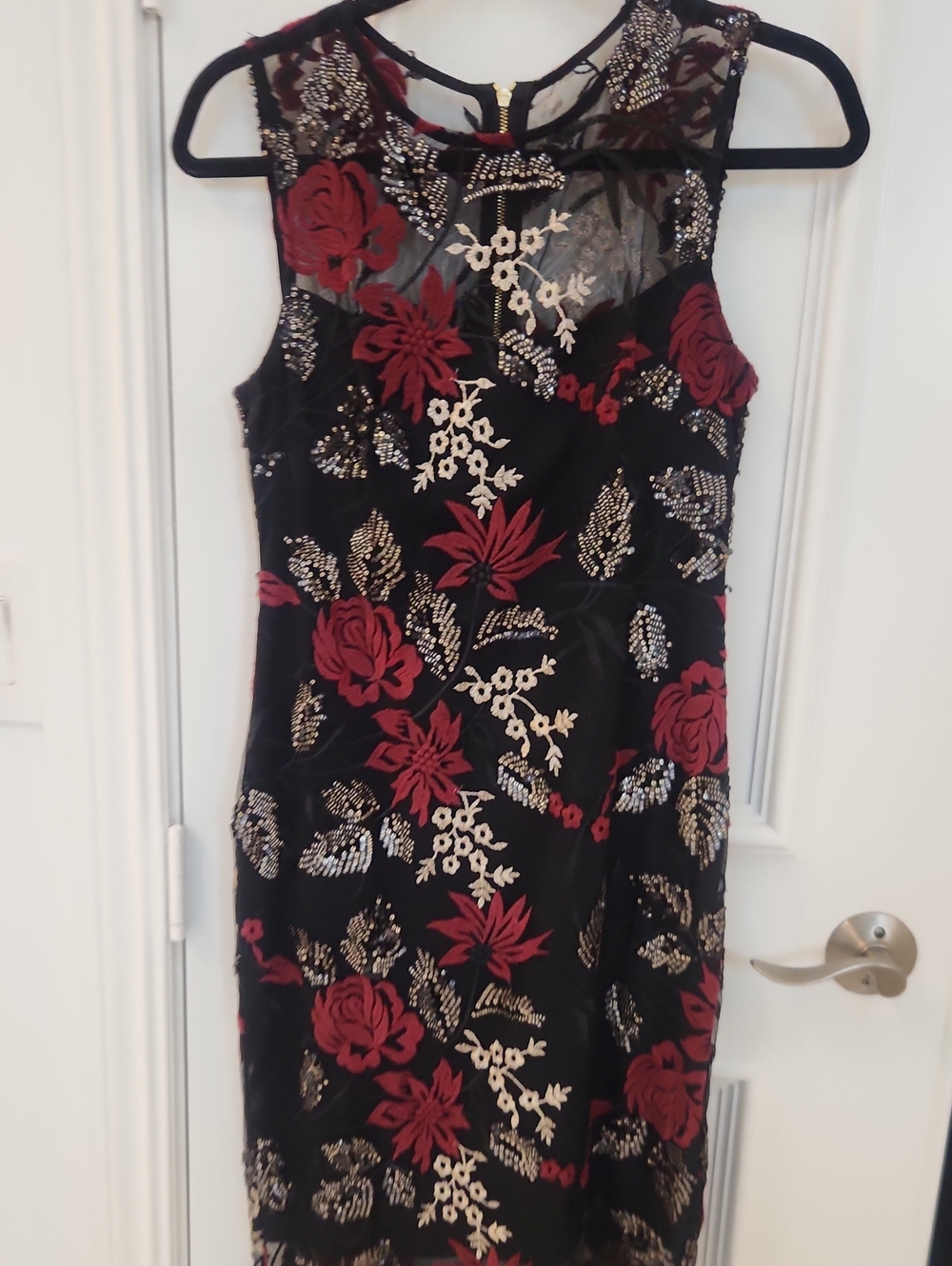 Calvin Klein Black Midi Dress with Red & Gold Floral Embroidery